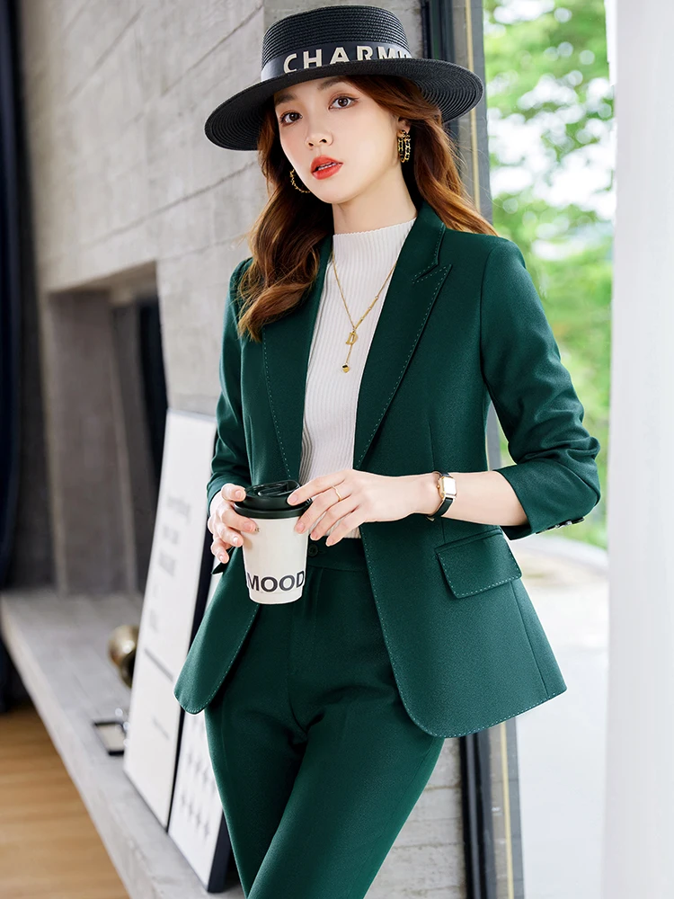 Elegant Green Suit Jacket Women's Formal Workwear Professional Career Outfit Spring Autumn High Quality Commute Style Polyester