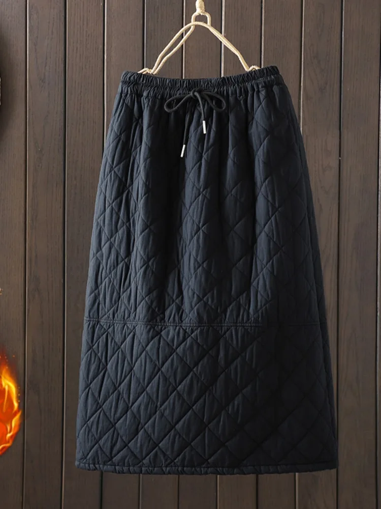 Artistic Simple Diamond Grid Cotton Half Skirt Women's Winter High Waist Belted Straight A-Line  Skirt plus Size