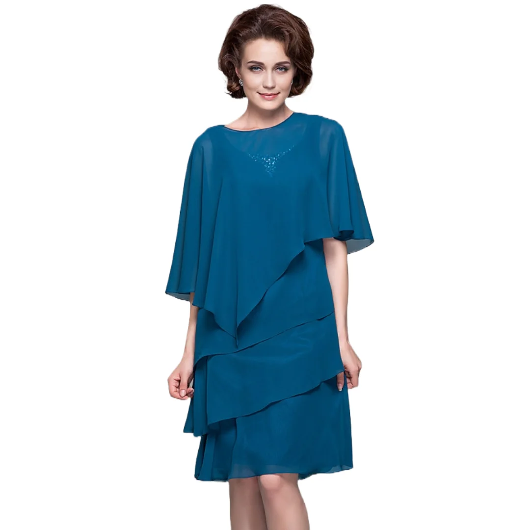 

Teal Blue Cape-Style Knee-Length Chiffon Layered Short Mother of the Bride or Groom Dresses For Weddings Party and Formal Events