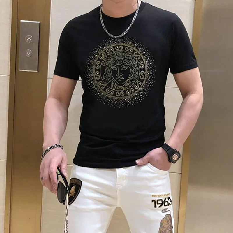 S-5XL Casual Men's  Drop Shipping  T-shirt 100% Cotton Top Quality Rhinestone  Men T shirt  For Men Tee 154