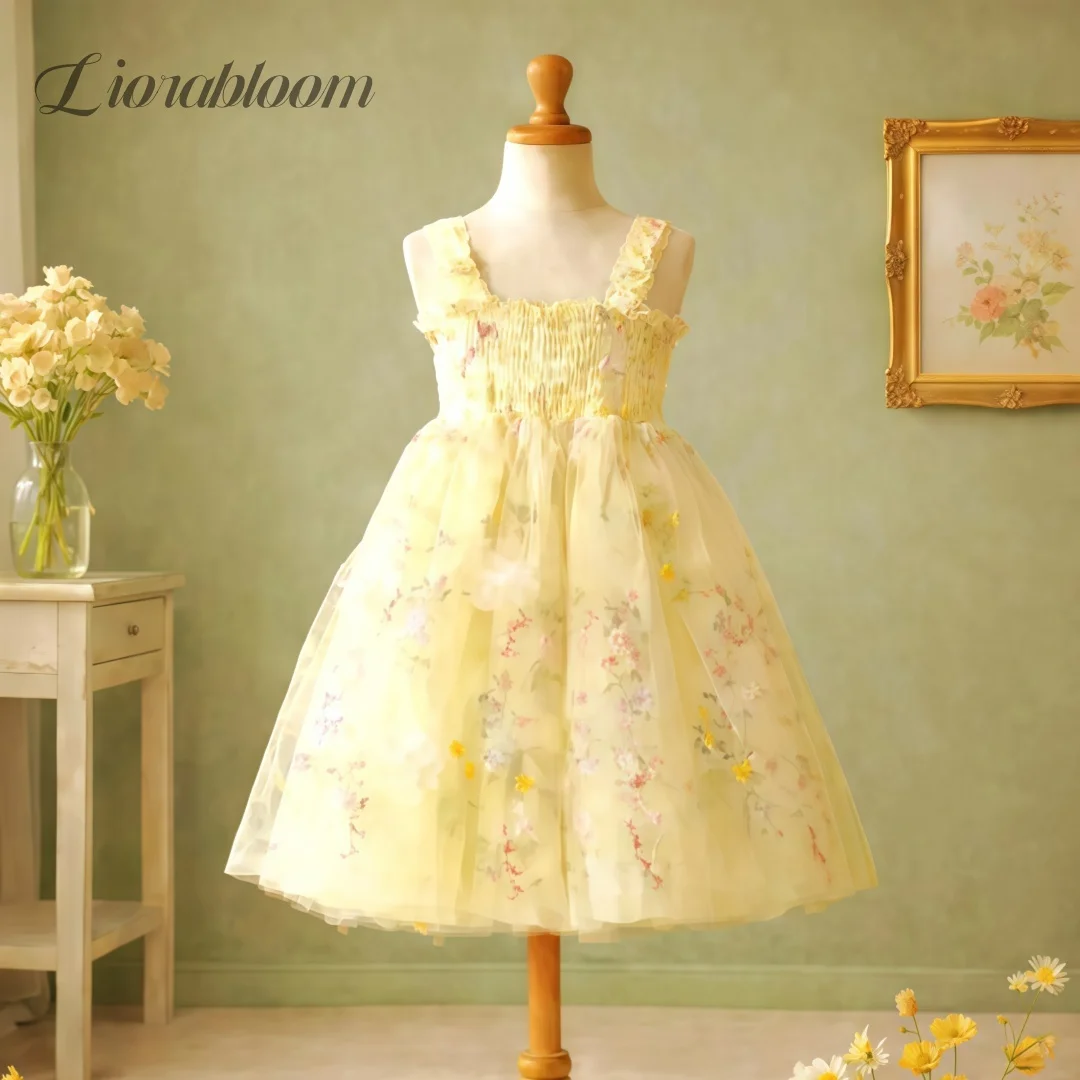 Customized Girls Yellow Floral Butterfly Dress Square Neck Tulle Flower Girl Dress for Wedding Birthday Party Dance