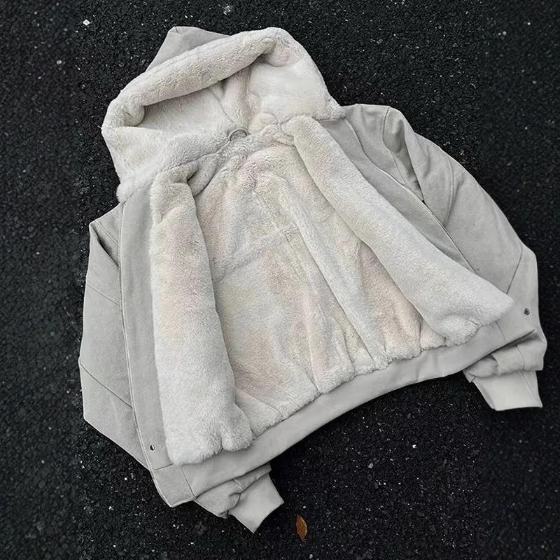 Harajuku Cleanfit Heavyweight Canvas Jacket Men Autumn Winter Thick Fleece Hooded Cotton Coat Warm Padded Streetwear Outerwear