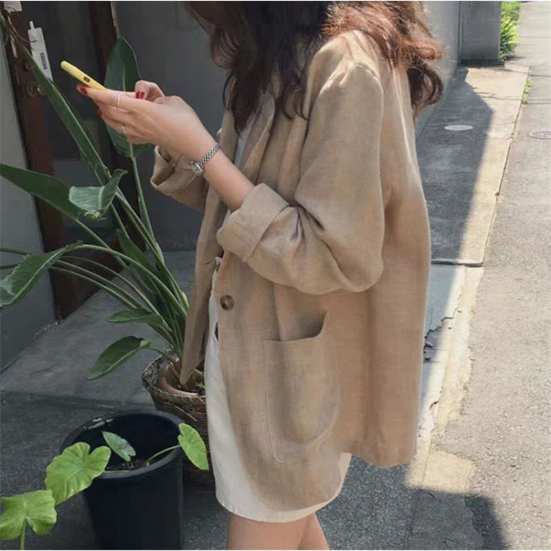 Cotton Linen Blazer Jacket Suit Women 2023 Spring Summer New British Style Casual Blazer Long Sleeve Solid Color Fashion Coat