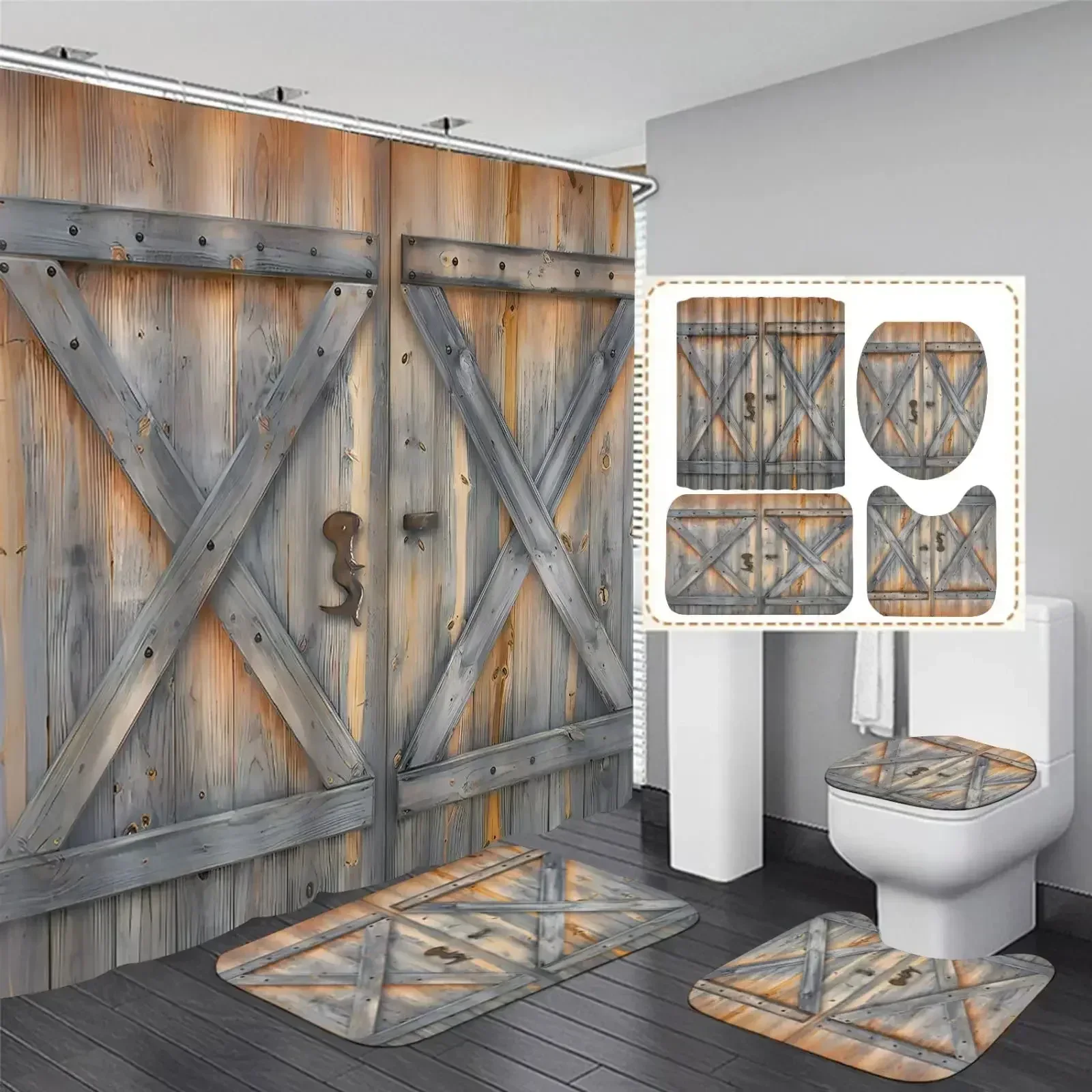 Rustic Barn Door Shower Curtain Set Non-Slip Rug Toilet Lid Cover Bath Mat Vintage Wooden Gate Waterproof Bathroom