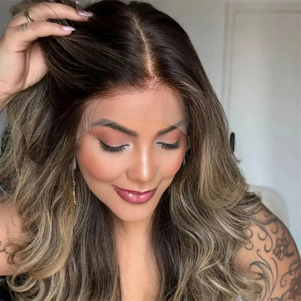 Heat Safe Synthetic Lace Front Wig With Dark Roots Dirty Blonde Highlights 26 Inches Bouncy Wavy Wig For Women Realistic Look