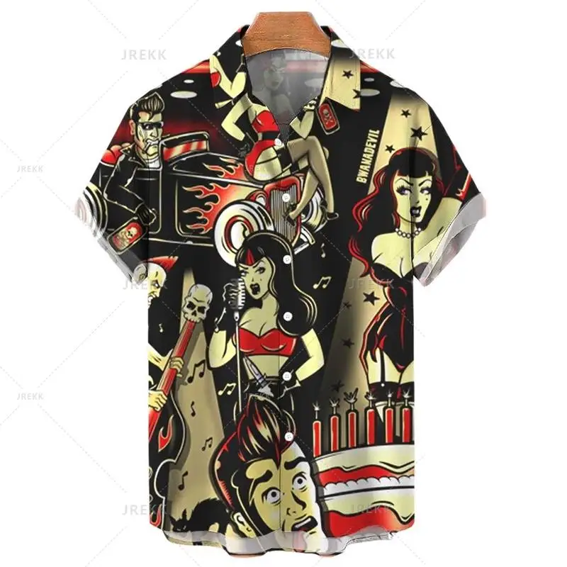 Hip Hop Vintage Print Summer Men's Shirts Casual Oversized Short Sleeve Fashion Single-Breasted Blouses Trend Tops Men Clothing