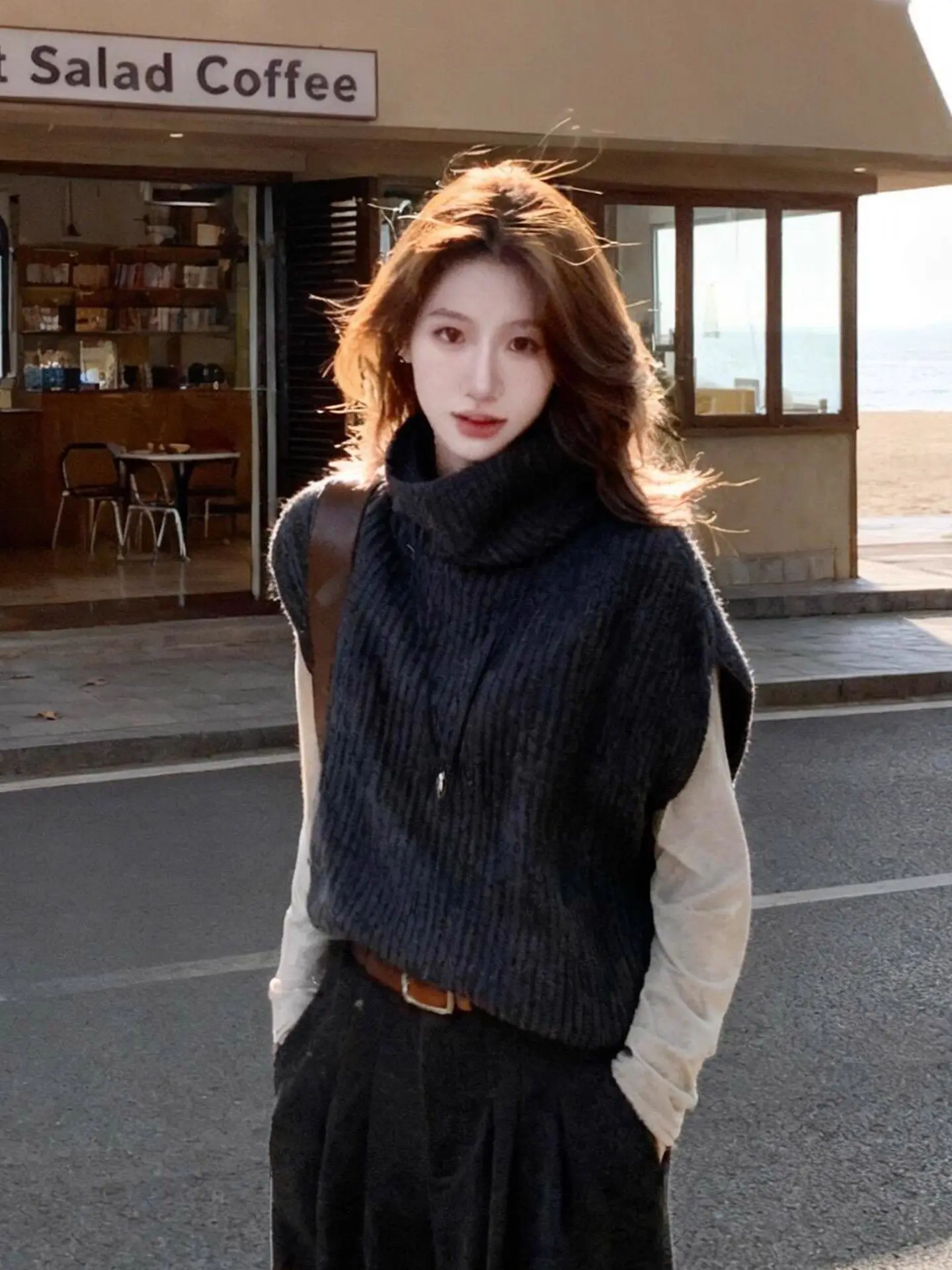 

Корейский ретро-жилет с высоким воротником, вязаный, женский, осенне-зимний, верхняя одежда, свитер-жилет, топ для многослойных образов, термо-жилет Ciwalk