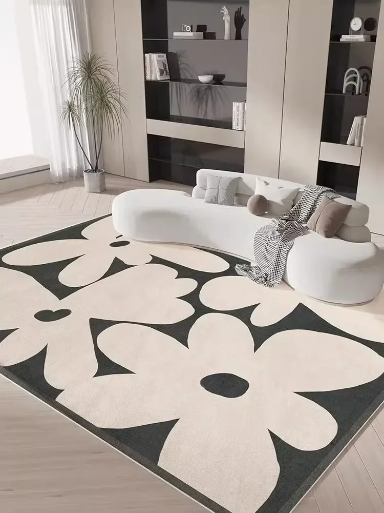 Modern Black Cream Floral Area Rug Oversized Plush Design for Living Room Bedroom Non-Slip Soft Floor Mat
