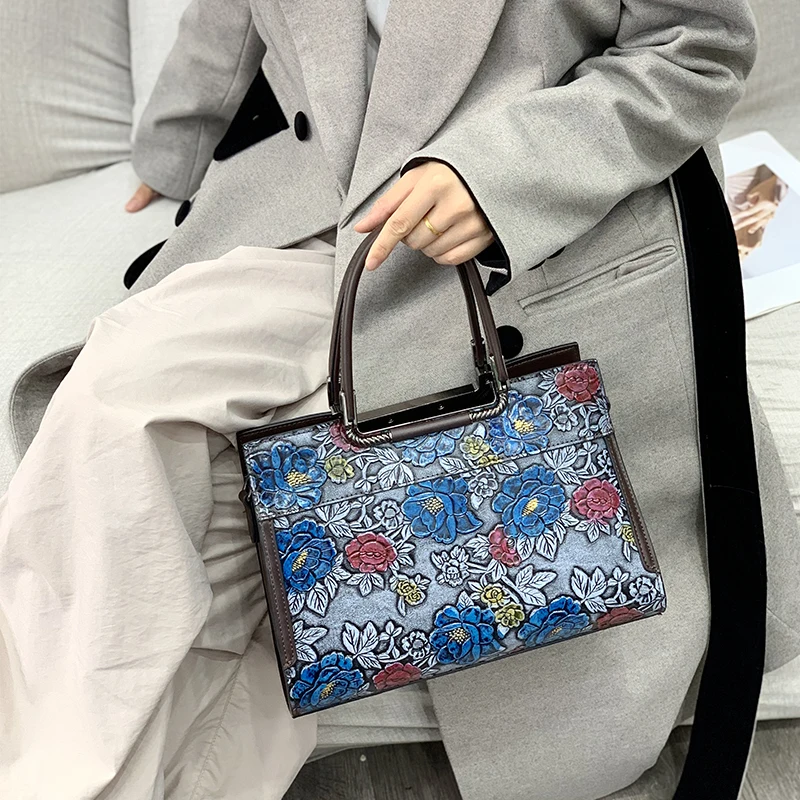 Vintage Floral Embossed Tote Bag for Women Luxury 3D Peony Top-Handle Handbag Elegant Vegan Leather Shoulder Crossbody Purse