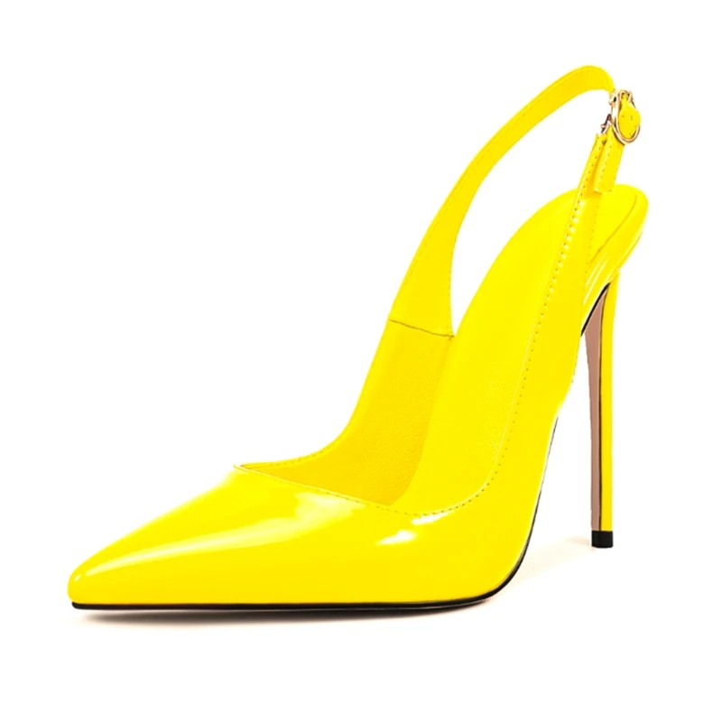 

Stylish Yellow Patent Leather Slingback Pump Pointed Toe Shallow Slip On Buckle Strap Celebrating Banquet Dress Shoes 12cm 10cm