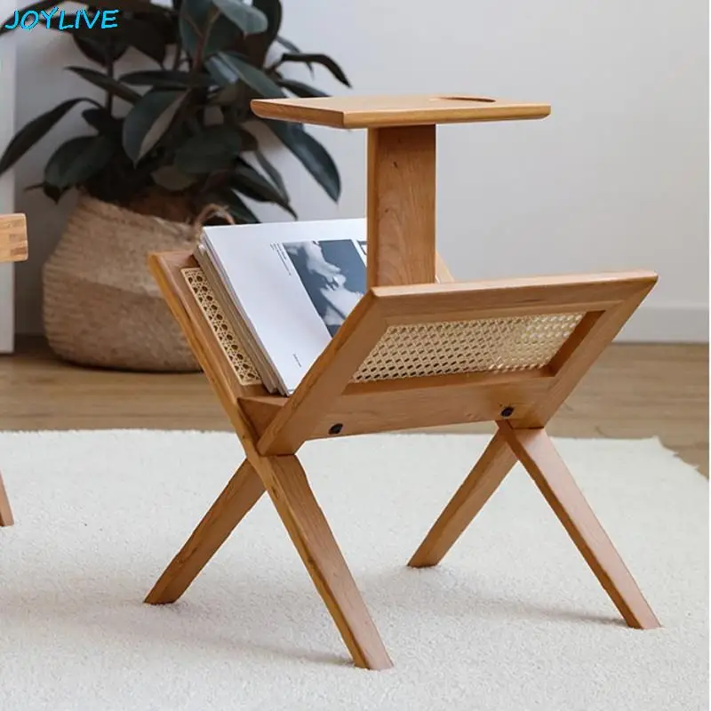 

JOYLIVE Bookshelf Solid Wood Rattan Magazine Storage Rack Side Table Shelf Sofa Table Minimal Furniture 2022 New Home Use