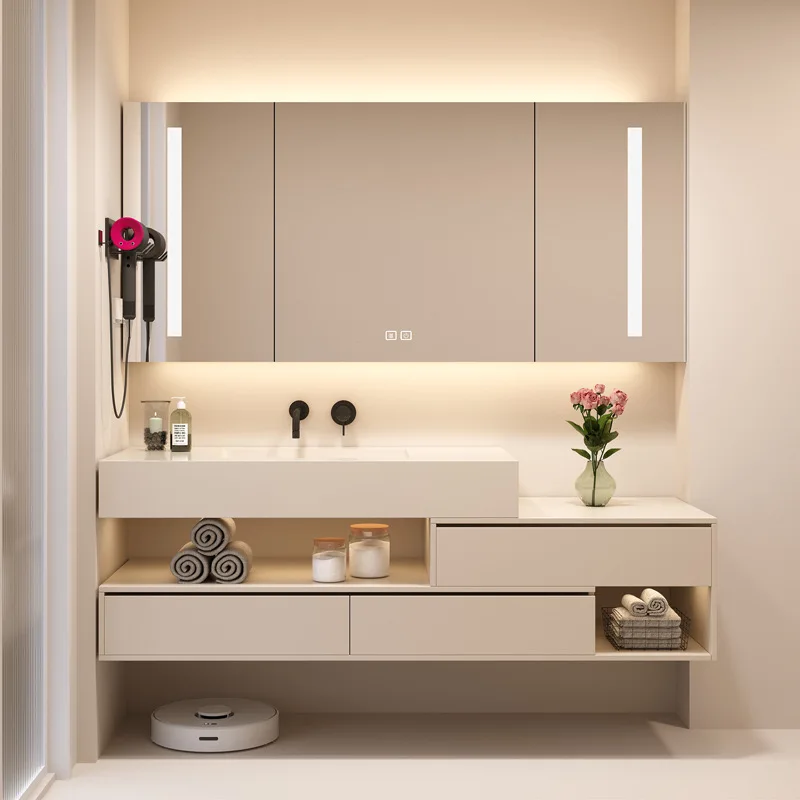 Bathroom vanity set with smart mirror, ceramic basin, copper drain