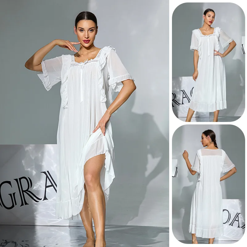 

White Short Sleeve Women Long Sleep Dress Nightgown Loose Casual Mesh Home Clothes Bath Robe Gown Loungewear Nightwear