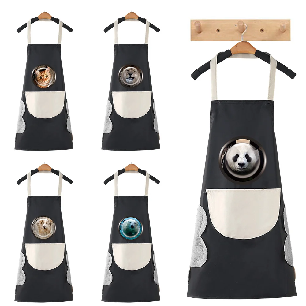 Waterproof Kitchen Apron Household Oil Resistant Work Apron Print Window Pattern Black Dirt-Proof Cleaning Aprons with Pockets