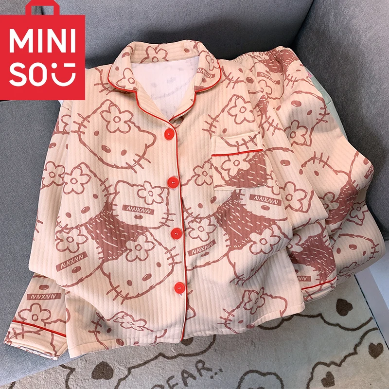 

Graffiti Hello Kitty Print Women's Pajamas Set Cute Two- Piece Loungewear Long Sleeve Top and Pant Thin Velvet Pajamas Winter