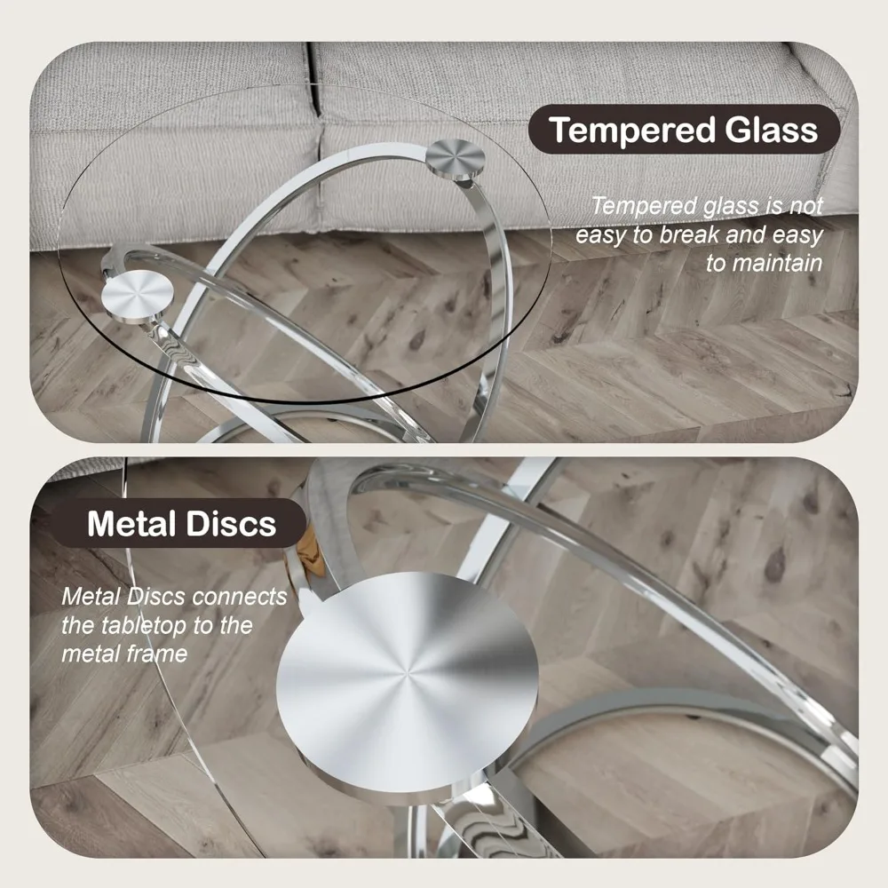 커피 테이블, 링 실버 메탈 프레임이 있는 모던 엔드 테이블, 장식용 원형 유리 커피 테이블, 작은 실버 커피 테이블