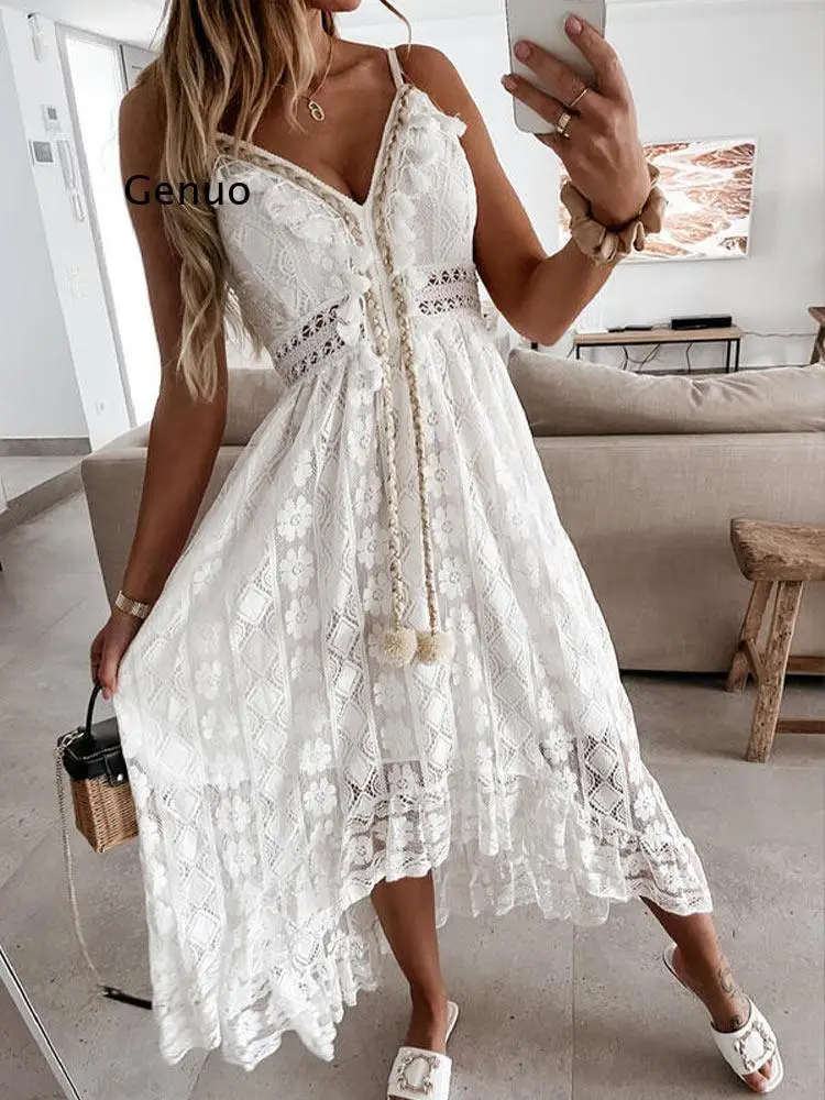 Boho Dress Women Summer Maxi Dress Lady Off Shoulder Holiday Lace V Neck Spaghetti Strap Sundress White Dress Vestidos De Mujer