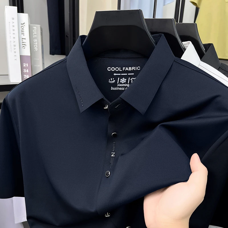 High end brand men's short sleeve shirt fashion new letter embossed summer solid color business casual ice silk breathable top