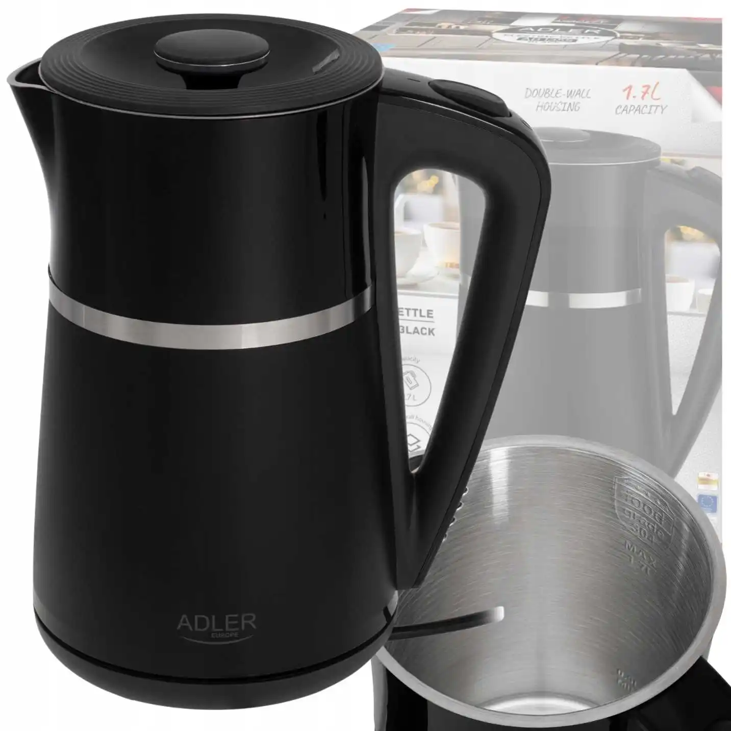 Adler AD 1355 1,7 l Cool-Touch-Wasserkocher mit doppelwandigem Edelstahl-Innenraum, 2200 W, Schwarz