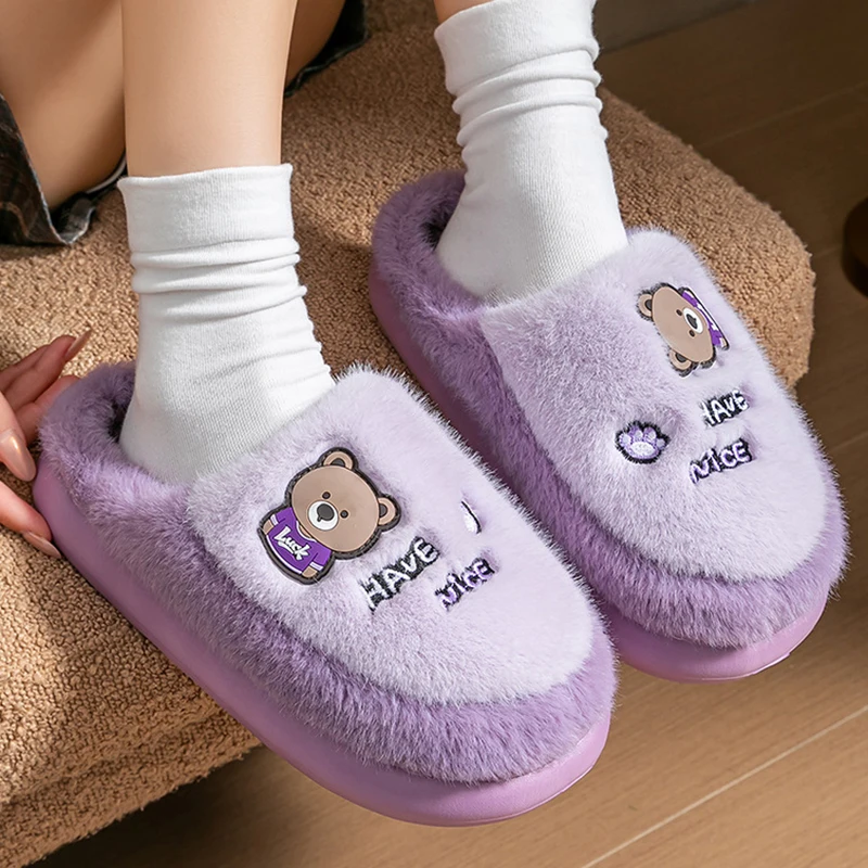 Soft Thick Bottom Cartoon Bear Furry Indoorslippers Women Winter 2026 Warm Plush Home Slippers Fluffy Fur Cute Couple Slides