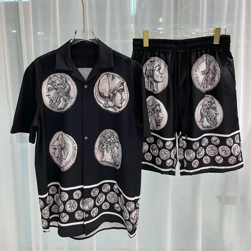 Top Quality Black Gold Baroque Print Shirt Hip Hop Print Beach Shirt+Shorts Men Summer Casual Short Sleeve Set Button Down Shirt