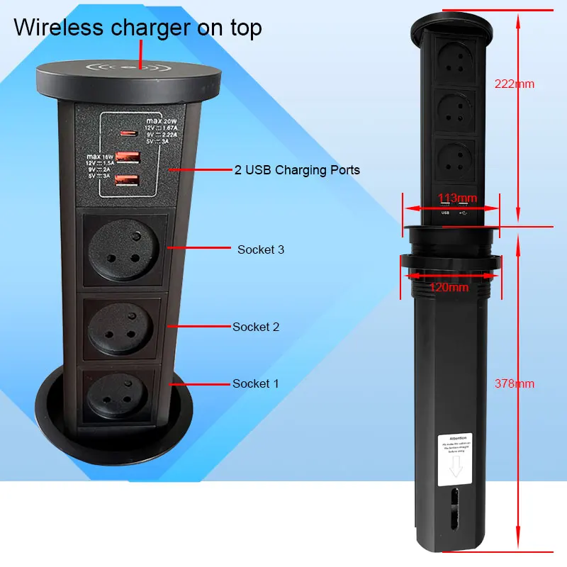 All Black Silver Israeli Plug Pneumatic Lifting Socket Hexagon Power Outlets Hidden Automatic Pop Home USB Charger Ports