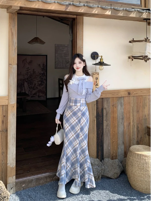 

plus Size Rich Girl Outfit Women's Autumn New Fish Tail Skirt Slimming Design Top Bottom Set Fashionable plus Size Ensemble