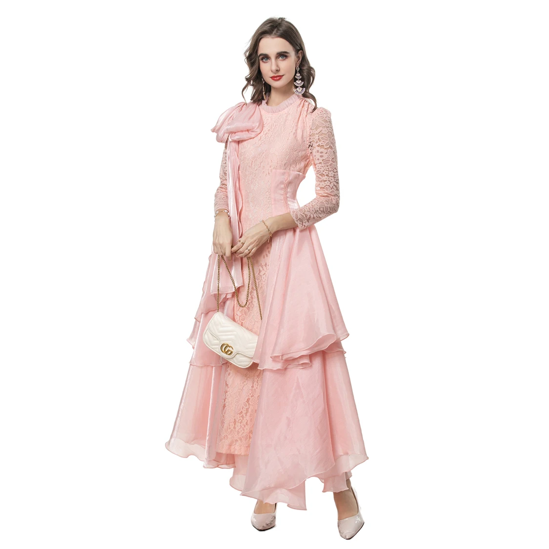 Vestido feminino com babados, gola drapeada, mangas compridas, babados em camadas, elegante, moda, vestido de festa