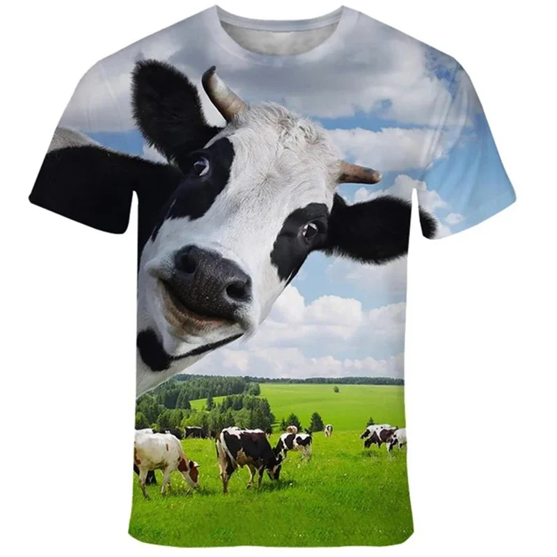 Men Polyester Short Sleeve T Shirt 3D Print Cow Playing Golden Harp Flower Sky Scene Pattern Crew Neck Animal Tee