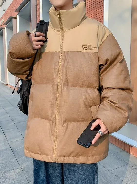 Retro American Streetwear PU Leather Crocodile Pattern Loose Fit Stand Collar Bread Cotton Jacket Mural New Winter Outerwear