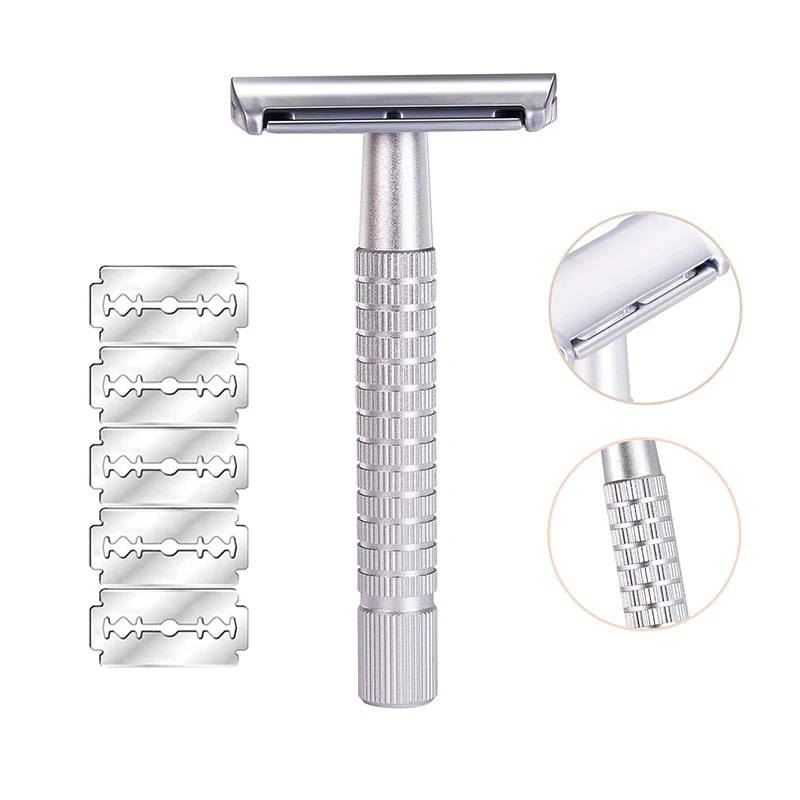 

Металлическая двусторонняя безопасная бритва с 5 лезвиями — набор для влажного бритья Серебристая отделка Эргономичная ручка Прочный и легко чистится