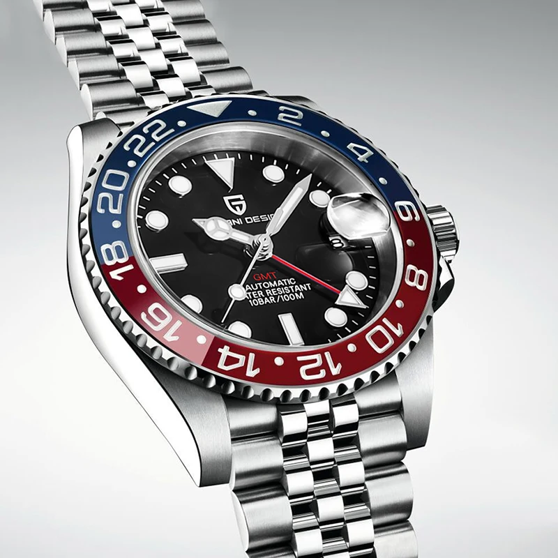 Gmt男性用機械式腕時計サファイアガラスステンレス鋼100m防水自動時計デザインPD-1662高級