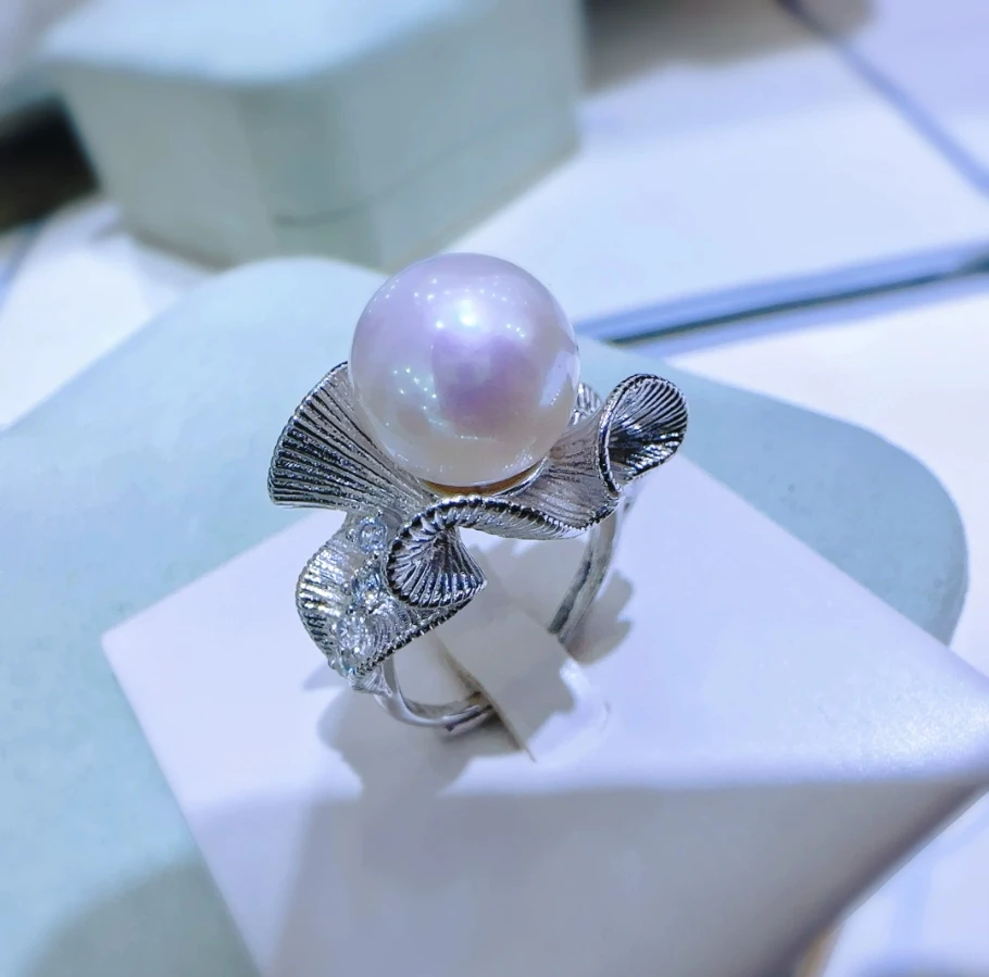Beautiful oversized AAAA11-12mm natural freshwater pearl ring with adjustable 925 silver for Women's  Banquet Jewelry