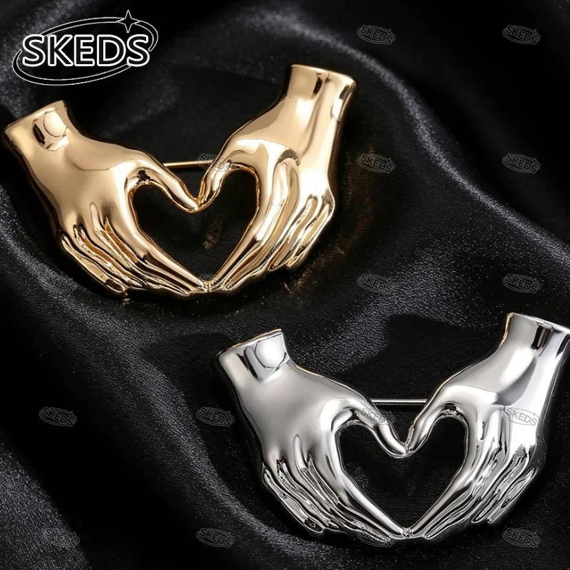 SKEDS Metal Two Hands Form Heart Brooch Minimalist Love Gesture Lapel Pin Clothing Badge Fashion Jewelry Gift for Women Men