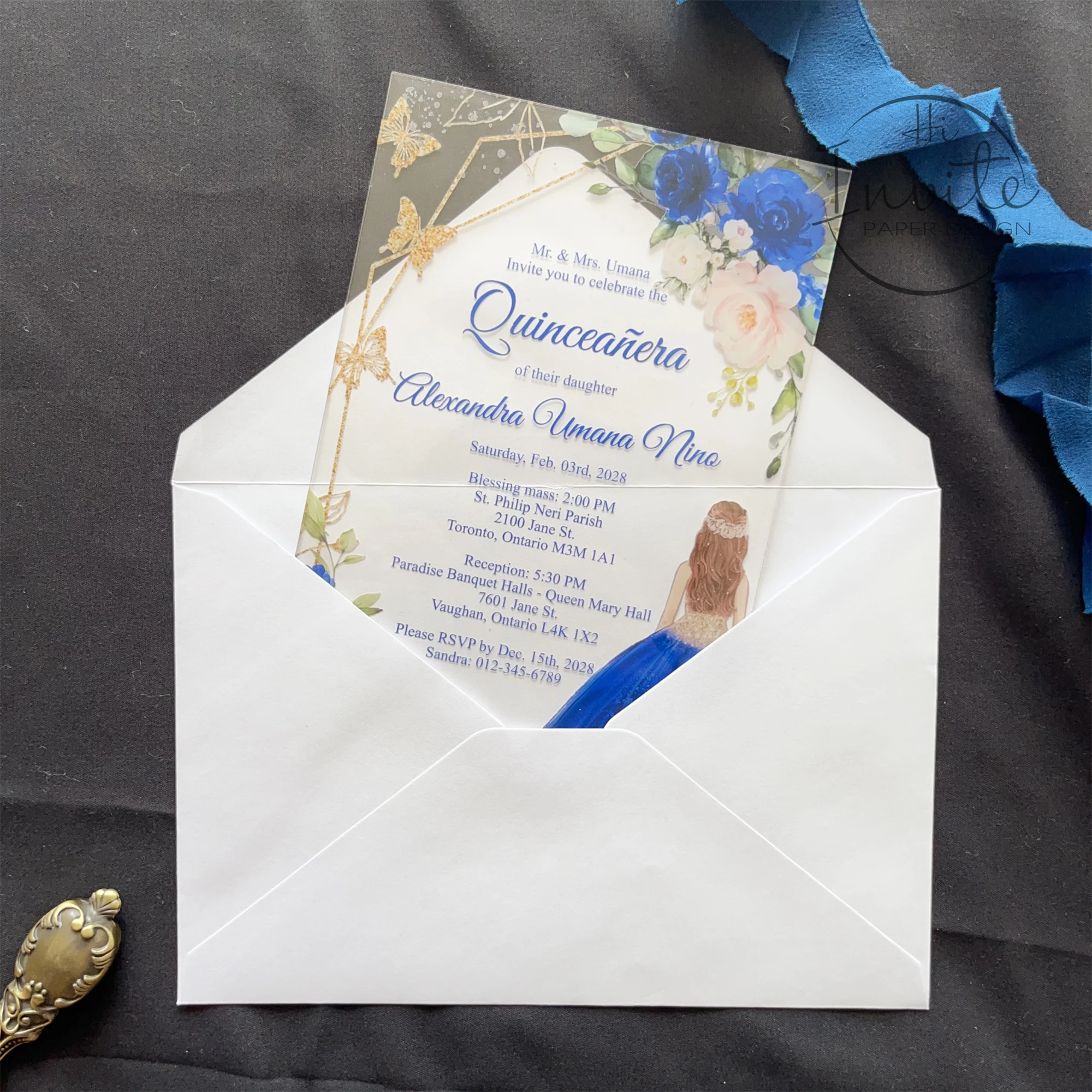 Royal Blue Rose And Gold Geometry Butterfly Quinceañera Invitation, Fancy Sweet 15 Invite, Modern Mis XV Anos Card In Spanish image 5