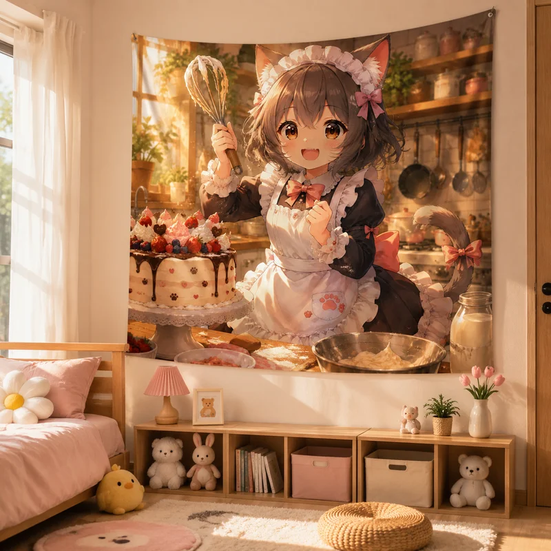 VIKAMA Cat-Ear Maid Anime Tapestry, Pink Café Fresh Fruit Drink Wall Hanging, Atmospheric Dorm Room and Bedroom Home Decor