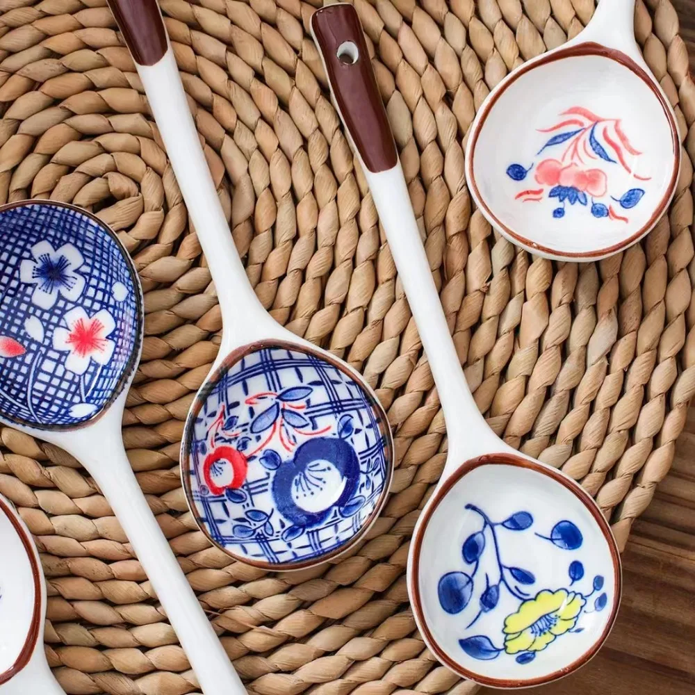 

Japanese Style Ceramic Soup Spoon Gift Set Hand-painted Long Handle Dessert Spoon Heat-resistant Ramen Miso Soup Spoon Friend