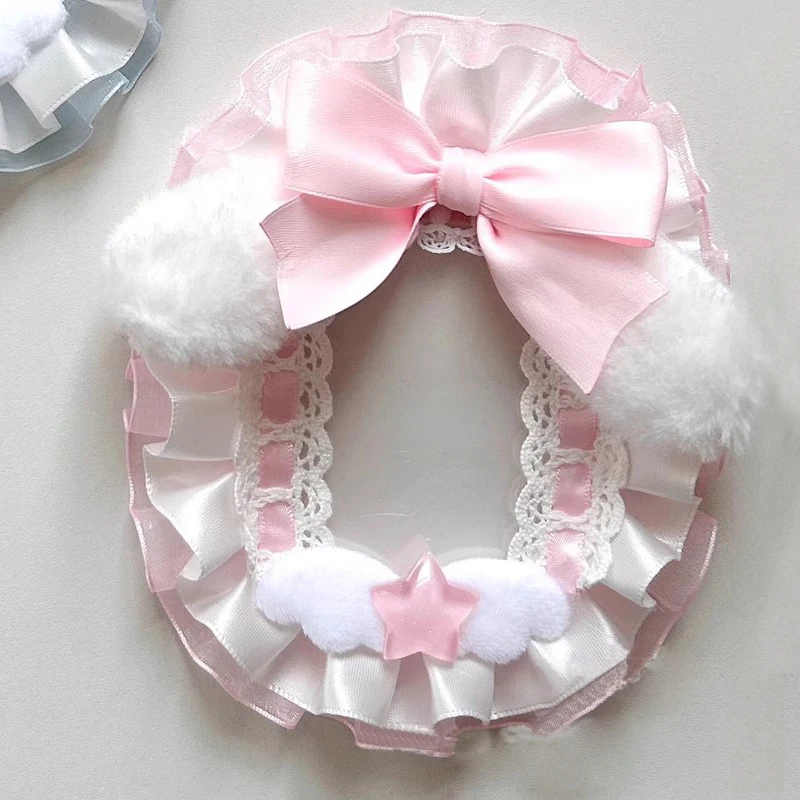 Handmade 3 Inch PVC Photo Frame, Plush Ear Decor, Multi‑Layer Lace Ruffle, Large Satin Bow, Star and Plush Wing Ornament, Fabric Lace Photo Frame for Collectible Cards and Picture Display