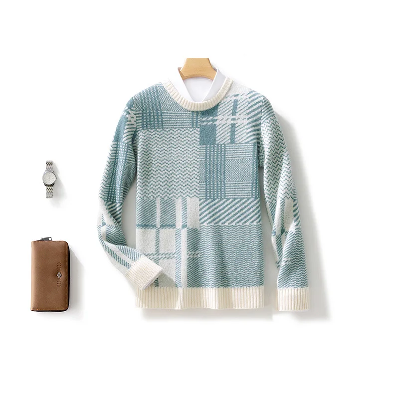 Autumn Winter 100% Merino Wool Fashion O-Neck Color-Block Striped Sweater Pullover Cashmere Long Sleeves Casual Clothing Top