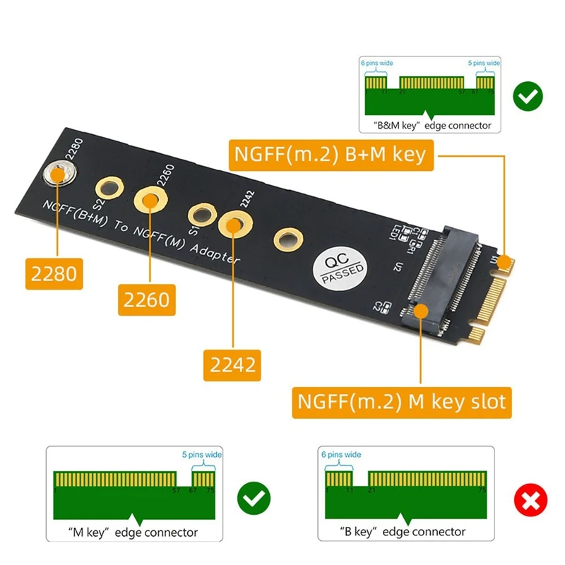 M.2 (NGFF) Key B+M To Key M Adapter Supports 2242/2260/2280 Type M.2 Key M SSD Dimension New Version Black For PCI-E Bus SSD