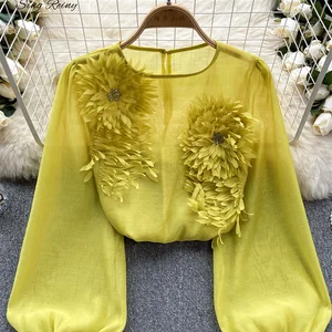 SINGGREINY-BULK Damen Low Satin, reine böhmische Bluse, lange Ärmel, transparentes 3D-Blumenhemd, Frühling, 2024 8 Hauptverkäufe transparente Bluse mit Mango - №8