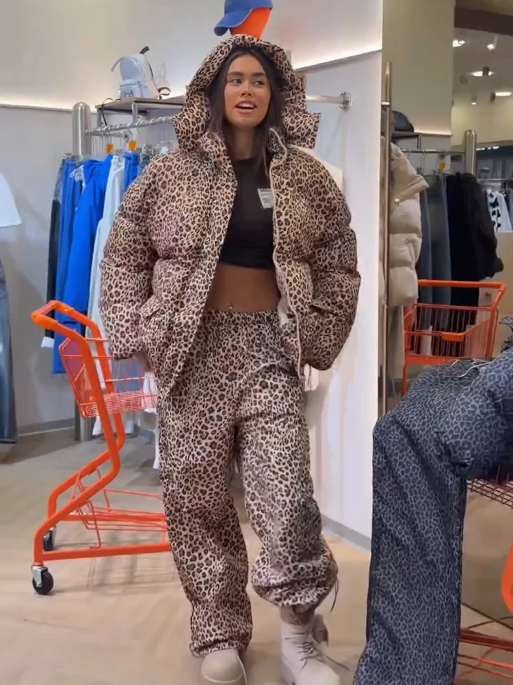 Chic Women Winter Padded Jacket Leopard Stand Collar Long Sleeve Pockets Zipper Female Coat And Pants Fashion Lady Streetwear