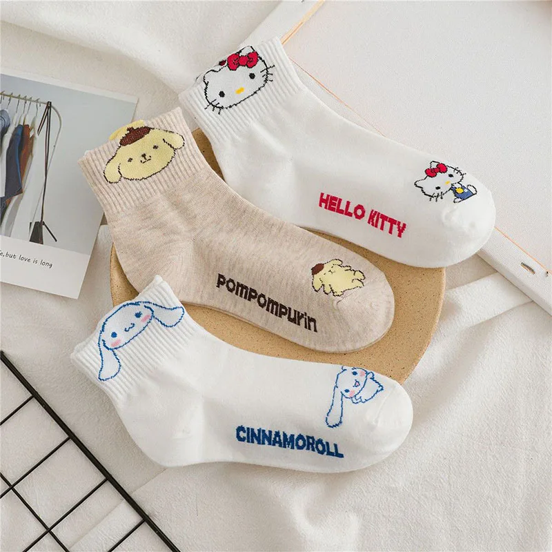 Miniso Sanrio Cinnamoroll Hello Kittys Purin Socks Cartoon Cute Summer Ventilate Soft Comfort Cotton Material Kawaii Girl Gifts