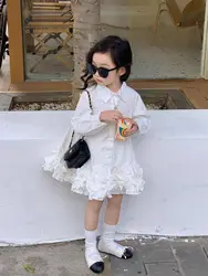 Girl Dress Petal Skirt White Dress Spring 2024 New Cotton Solid Full Fashion Shirt Dress Turn Down Collar A Ling