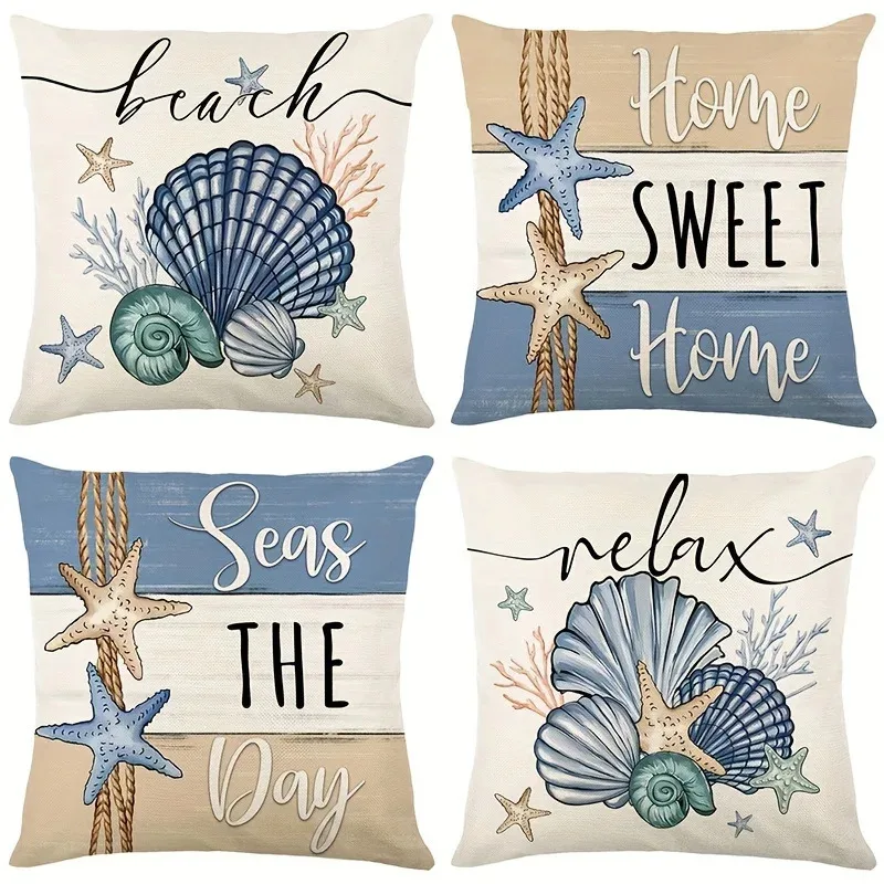 VIKAMA Summer Starfish Shell Print Cushion Cover Decorative Cushion Cover Home Living Room Sofa Bedroom Seat Cushion Cover