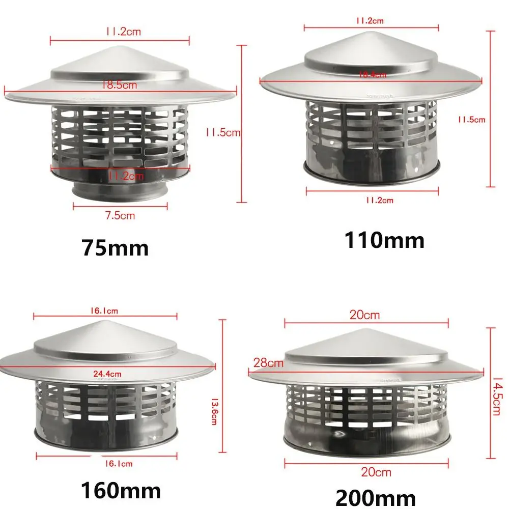 Stainles Steel Chimney Cap 75-200mm Smoke Exhaust Hood Stove Pipe Protector Cover Exterior Wall Rain Pipe Cap Fireplaces