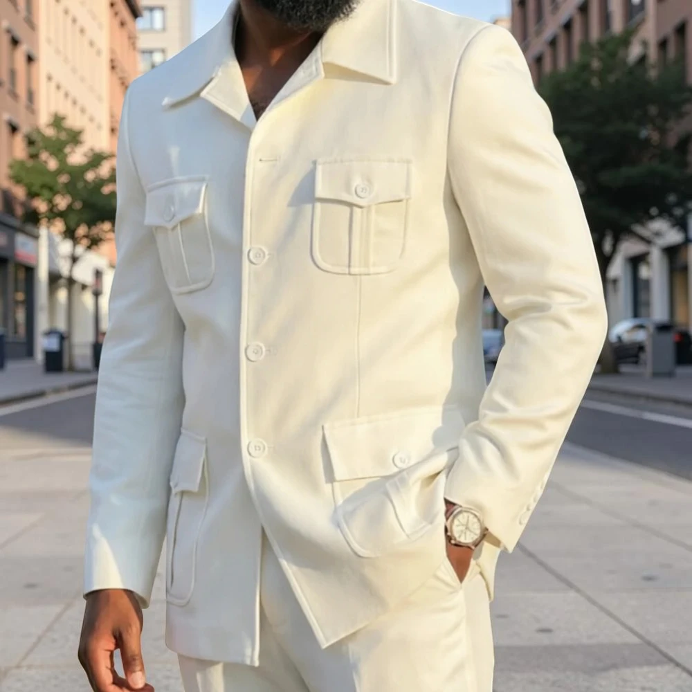 

White Safari Men Suits with Structured Pocket Design Slim Fit 2 Pieces Man Fashion Blazer with Pants for Weekend Getaway Suit