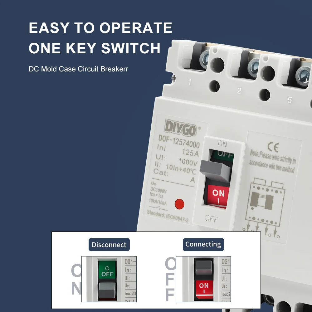 เบรกเกอร์วงจรแบบหล่อขึ้นรูป DC MCCB 1P 2P 4P 500/1000V ป้องกันกระแสเกิน/ลัดวงจร สำหรับระบบโซลาร์เซลล์