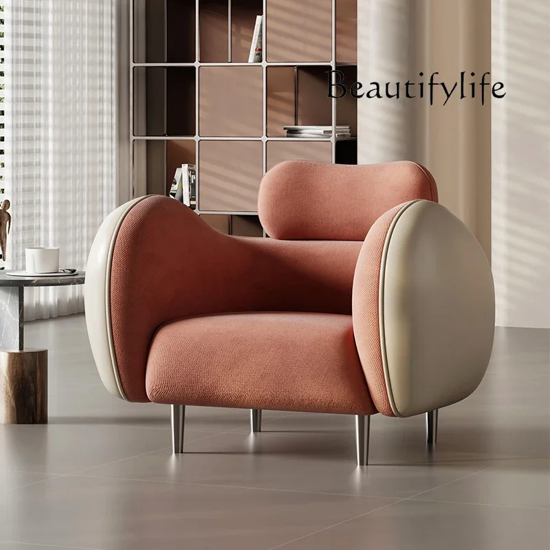 

Single sofa leisure chair high-end living room light luxury leather cotton and linen splicing contrasting sofa chair