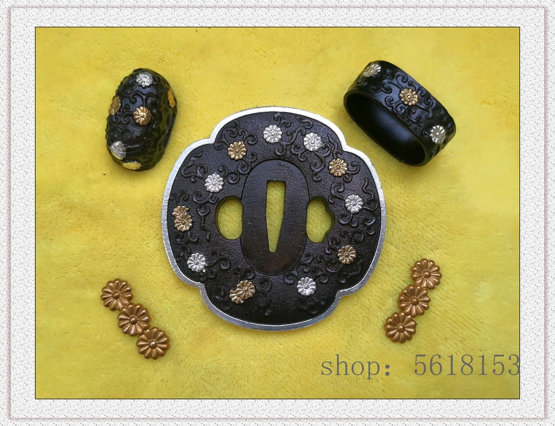 A Set Copper flower Tsuba  Fuchi Menuki for Japan Samurai Sword Katana Tanto Fitting